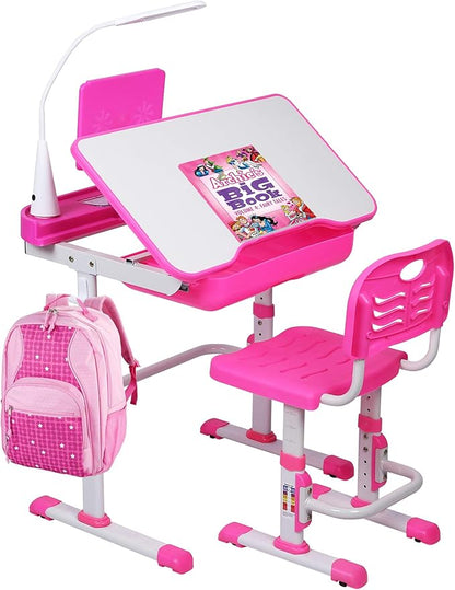 Kids Desk and Chair Set, Height Adjustable Child's School Study Writing Tables with Tilt Desktop, LED Light, Storage Drawer, Book Stand (Pink)
