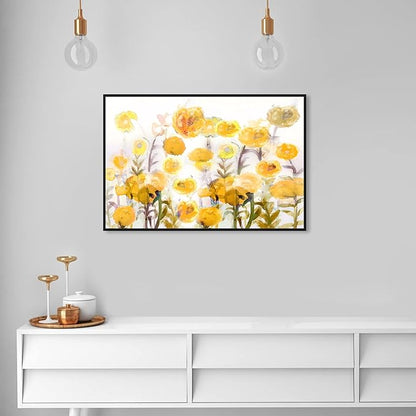 The Oliver Gal Artist Co. Floral and Botanical Wall Art Framed Canvas Prints 'Bella Garden Poppy Yellow' Gardens Black Floating Frame 36" x 24"