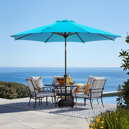 wikiwiki 9FT Patio Umbrella with Base, Outdoor Umbrellas with Base Included, 8 Sturdy Ribs, Waterproof Fade Resistant POLYESTER DTY Canopy for Deck, Lawn, Garden, Backyard & Pool, Sky Blue