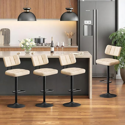 Furniliving Upholstered Bar Stools Set of 4, Faux Leather Swivel Bar Stools with Back, Adjustable Counter Height Barstools for Kitchen Island, Dining Space, Beige