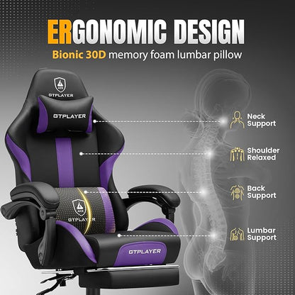 GTRACING Gaming Chair with Foot Rest & Pocket Spring Cushion, Ergonomic High Back Computer Chair with Headrest & 360°-Swivel Seat for Home Office Desk, PU Leather, Purple