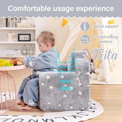 Tiita Kids Couch Plush Toddler Chair, Cloud-Like Glow in The Dark Kids Sofa Toddler Reading Chair with Washable Cover Carrying Handle, Convertible Children Sofa Chair for Girls and Boys