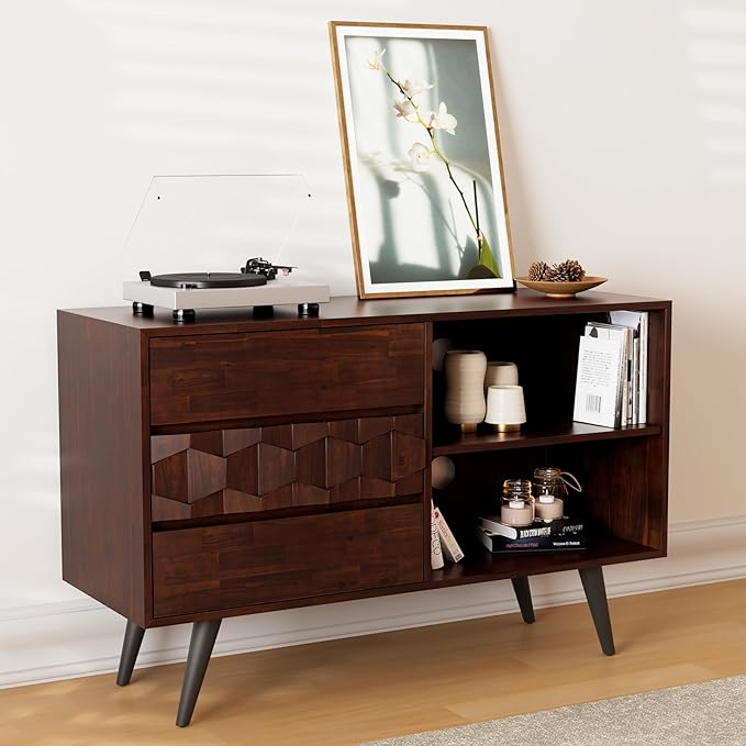 Bme Georgina 45 Inch Solid Wood TV Stand, Under 10 Minutes Assembly Entertainment Center with Storage, Geometric Pattern TV Console for Living Room, Bedroom, Dinning Room - Walnut