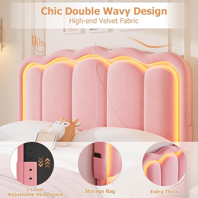 Full Upholstered LED Bed Frame with 2 Storage Drawers and Adjustable Chic Double Wavy Headboard, Velvet Princess Platform Bed with Charing Station, Solid Wood Slats Support,No Box Spring Needed, Pink