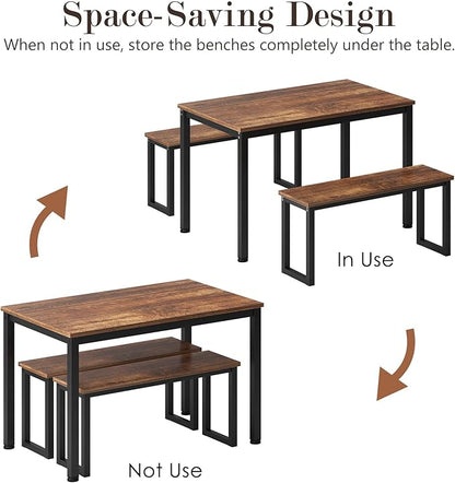 soges 39.4 in Kitchen Table Set with 2 Benches, Dining Table Set for 4, 3 Piece Wooden Industrial Style Dining Room Table and Long Benches, Breakfast Table Coffee Table Set, Retro