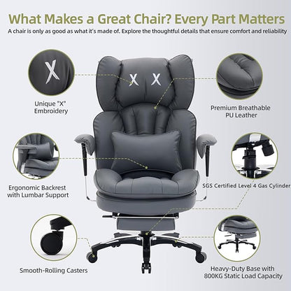 Efomao Big and Tall Office Chair with Footrest – High Back Computer Chair with Adjustable Armrests，Executive Office Chair with Wide Seat, Modern Desk Chair for Home Office, Gaming, or Study, Grey