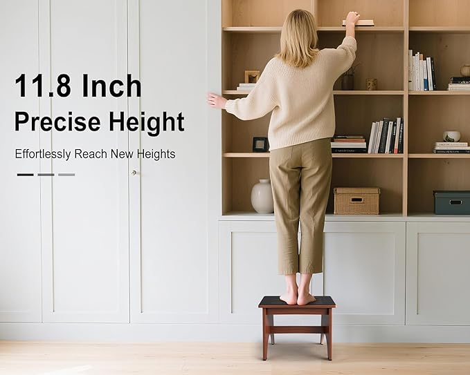 One Step Stool for Adults Seniors with Non-Slip Rubber Stepping Feet, Heavy Duty Wooden Step Stool, Portable Bed Steps for High Beds (Brown, 12 Inch)