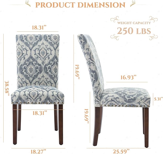 Parsons Dining Chairs Set of 4, Upholstered Nailhead Dining Room Kitchen Side Chair with Thick Cushions and Wood Legs, White/Blue