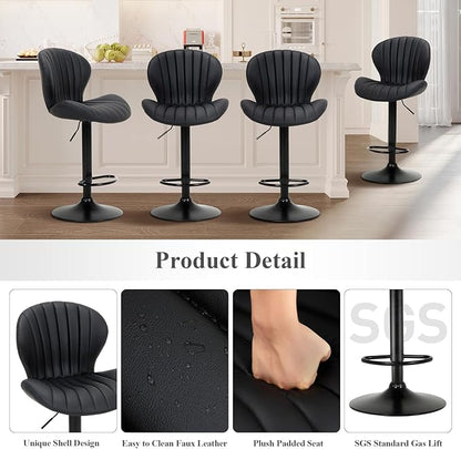 COLAMY Bar Stools Set of 2, Modern Swivel Bar Chairs, Adjustable Faux Leather Upholstered Barstools Counter Height with High Backrest for Bar, Kitchen Island, Dining Room, Black