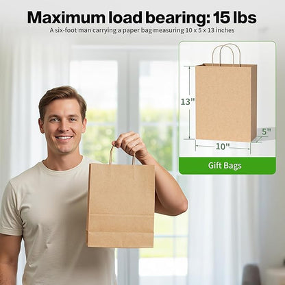 Simple Deluxe Value Pack of 50 Kraft Paper Bags with Handles (10x5x13 Inch) - Made in USA from 90GSM 100% Recycled Paper for Retail, Bulk Savings for Retail, Stores & Gift Packaging