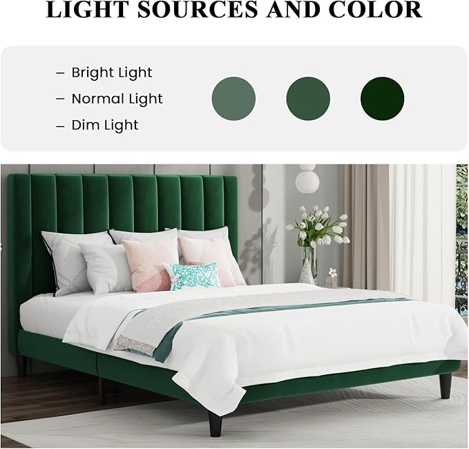 SHA CERLIN Queen Bed Frame/Velvet Upholstered Platform Bed Frame with Headboard/Strong Wood Slats Support/Mattress Foundation/No Box Spring Needed - Green