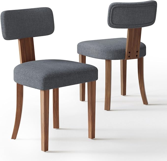 Mid Century Modern Dining Chairs Set of 2, Linen Upholstered Kitchen Chairs with Curved Backrest & Adjustable Legs for Living Room/Bedroom/Lounge, Easy to Install, Grey Linen