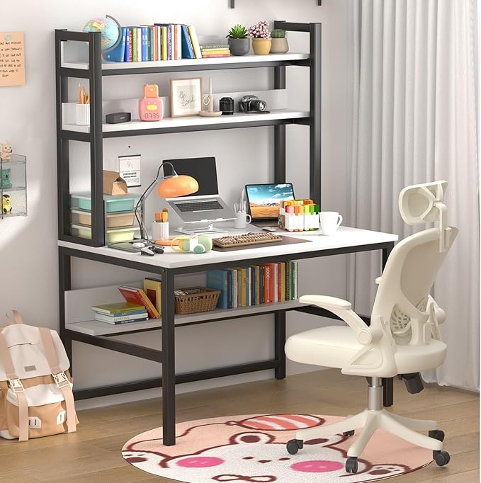 Aquzee Computer Desk with Shelves, 47" W x 23.6" D Gaming Desk with Hutch and Bookshelf, White Study Table for Bedroom Space Saving with 3 Tier Storage Shelf, Home Office Desk for Writing Work