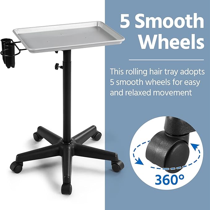 Yaheetech Rolling Salon Tray - Aluminum Trolley Cart Equipment on Wheels & Adjustable Height Mobile Beauty Salon Spa Stools Service Instrument Storage Tray w/Accessory Caddy - Silver