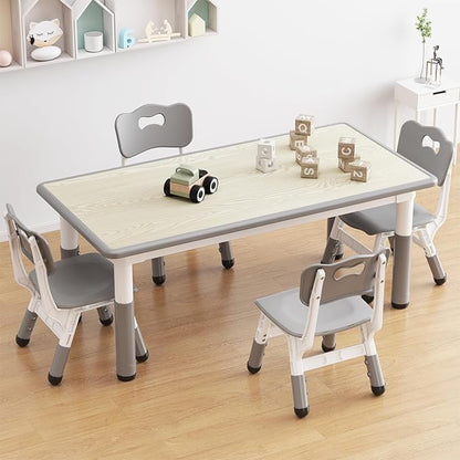 GarveeHome Kids Table and 4 Chairs Set, Height Adjustable Toddler Table and Chair Set for 4, Graffiti Desktop, Non-Slip Children Table for Home Daycare Preschool for Ages 2-8, Grey
