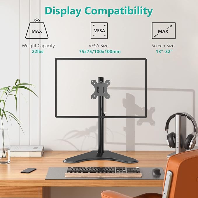 WALI Single Monitor Stand up to 32 Inch Screens, Freestanding Single Monitors Arm Desk Mount, Universal VESA Monitor Mount 75x75/100x100mm, Adjustable Height and Angle (MF001), Black