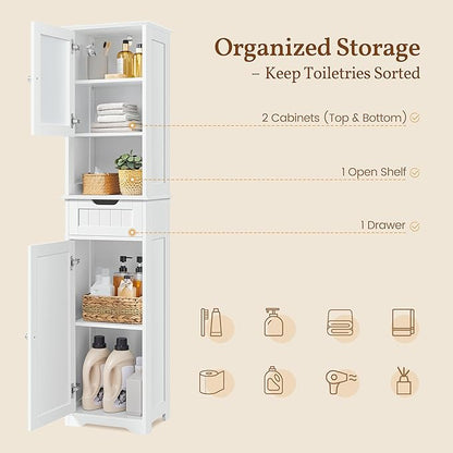 Yaheetech 67”Tall Bathroom Storage Cabinet,Narrow Floor Cabint with 2 Doors and 1 Drawer,Slim Bathroom Organizers,Adjustable Shelves,Storage Unit for Living Room, Entryway,Kitchen,White