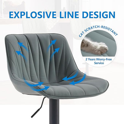 YOUNIKE Bar Stools Set of 2 for Kitchen Island, Greyblue Swivel Tall Barstools, Adjustable Bar Stool with Back, Leather Padded Bar Chairs, Modern Counter Height Stools with 300LBS Support