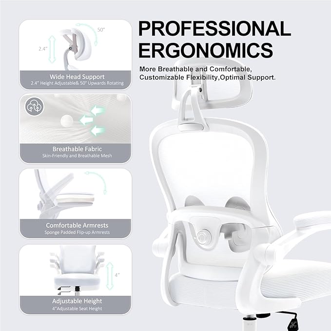 Ergonomic Office Chair,Ultra Thick Office Desk Chair with Adjustable Lumbar Support and Headrest,Spring Cushion,Rocking Function,Flip-up arms,Mesh Computer Chair for Home Office,White