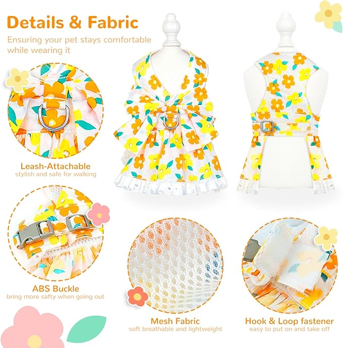 Dog Harness Dress Leash Set for Small Dog Summer Clothes Girl Female Puppy Cats Outfits Cute Floral Bowknot Princess Birthday Dress for Extra Small Pet Doggie Kitten Outfits Apparel(Yellow,L)