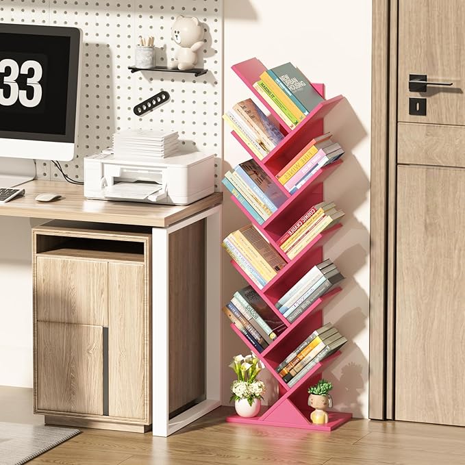 10 Tier Tree Book Shelf, Floor Standing Wood Bookshelf for Narrow Space, Storage Organizer Bookshelves for Books/CDs/Magazine, Bookcase with Shelves for Home Office, Living Room - Pink