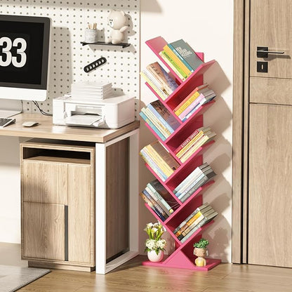 10 Tier Tree Book Shelf, Floor Standing Wood Bookshelf for Narrow Space, Storage Organizer Bookshelves for Books/CDs/Magazine, Bookcase with Shelves for Home Office, Living Room - Pink