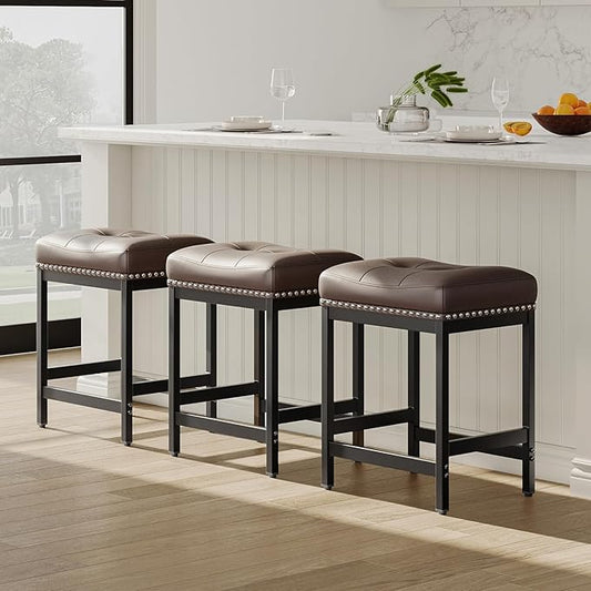 MALOL Set of 3 Saddle Bar Stools Counter Height 24.4”, Brown Backless Barstools for Kitchen Island, Modern PU Leather Cushioned Seat, Bar Chairs for Kitchen Counter, Breakfast Bar Stools for Home