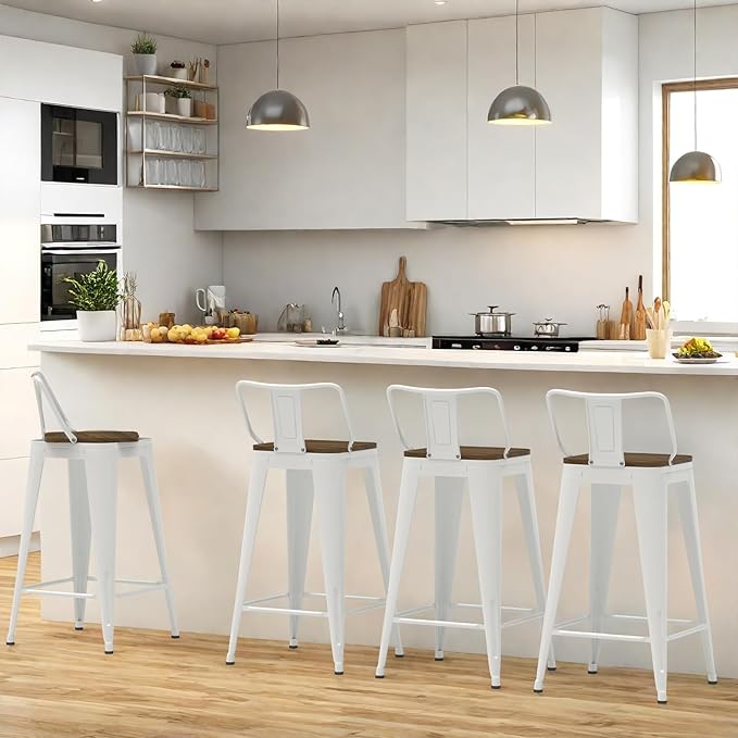24 Inch Swivel Bar Stools Set of 4, Counter Height Bar Stools with Low Back, Metal Industrial Bar Chairs for Kitchen Island (White)