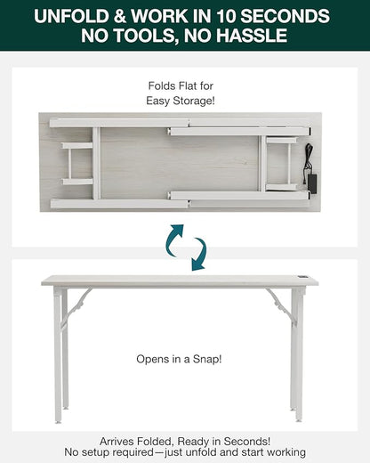 Frylr Small Folding Computer Desk – 55.1 Inch Portable Table for Craft and Study, Lightweight Desk for Small Spaces, Foldable Laptop Table Built-in AC/USB Outlets for Convenience, White Ash