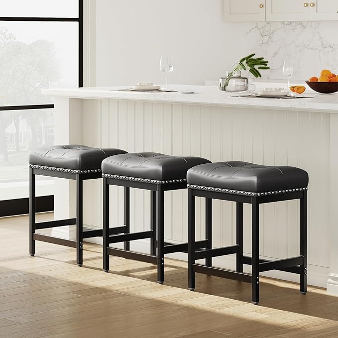 MALOL Set of 3 Saddle Bar Stools Counter Height 24.4”, Black Backless Barstools for Kitchen Island, Modern PU Leather Cushioned Seat, Bar Chairs for Kitchen Counter, Breakfast Bar Stools for Home