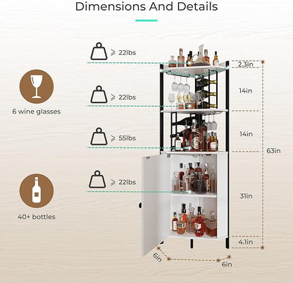63” Tall Corner Bar Cabinet, Farmhouse Liquor Cabinet with Wine Rack (Holds 50+ Bottles), Glass Holder, Adjustable Shelves & Barn Door, Home Bar for Living Room/Kitchen, Ivory White