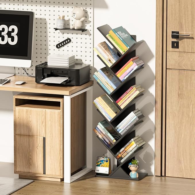 10 Tier Tree Book Shelf, Floor Standing Wood Bookshelf for Narrow Space, Storage Organizer Bookshelves for Books/CDs/Magazine, Bookcase with Shelves for Home Office, Living Room - Black