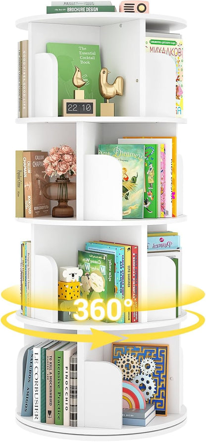 Rotating Bookshelf, Wood Corner Bookshelf, 360 Display Spinning Bookcase Storage Rack, 4 Tier Floor Standing Revolving Bookcase Narrow Book Shelf Organizer for Small Space, Bedroom, White
