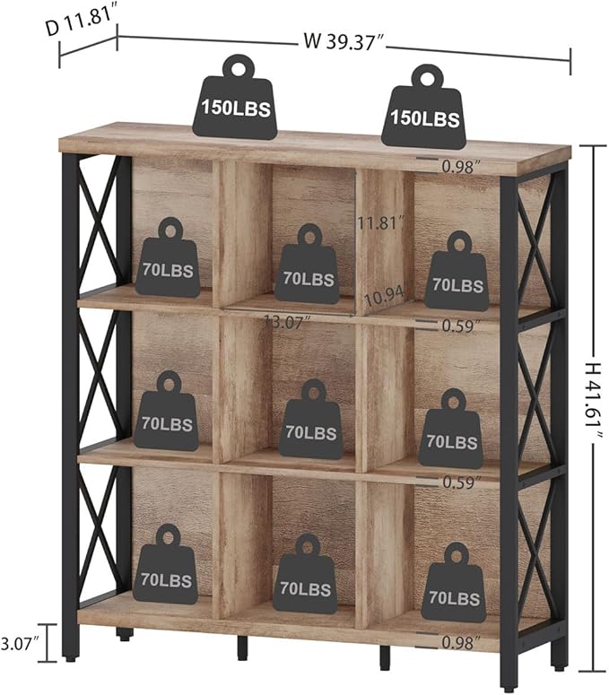 FATORRI 9 Cube Storage Bookshelf, 4 Shelf Book Shelf, Farmhouse Wood and Metal Cubby Bookcase for Home Office Kitchen (39.37 Inch W, Rustic Oak)
