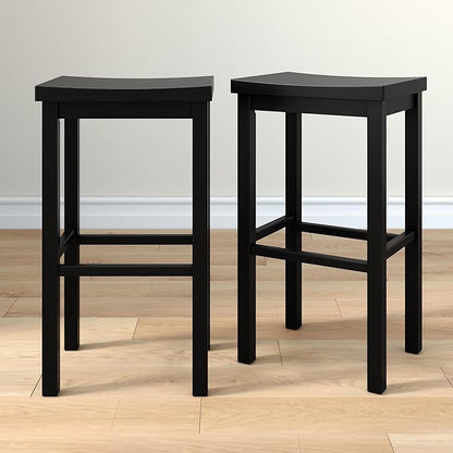 Grain & Grove Smith Collection Set of 2 Solid Wood Bar Stools, 30 inch Saddle-Seat Bar Chairs, Backless, Heavy-Duty Construction, Footrest Support, for Kitchen Islands, Home Bars, and Counters, Black