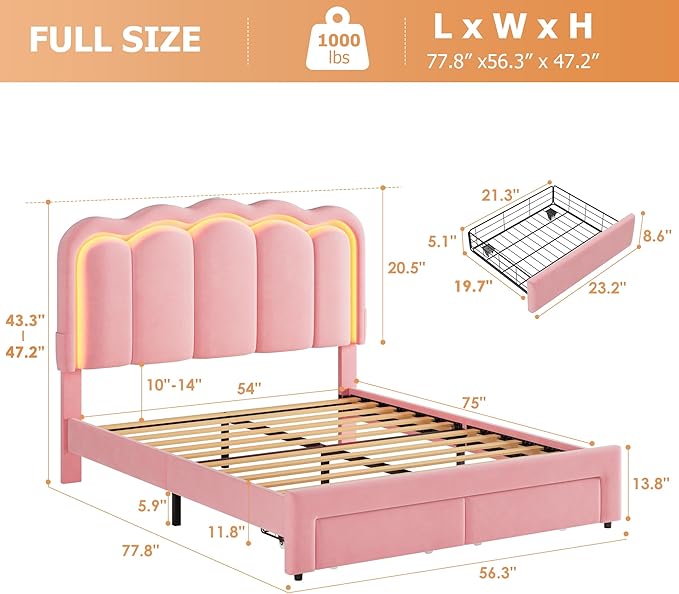 Full Upholstered LED Bed Frame with 2 Storage Drawers and Adjustable Chic Double Wavy Headboard, Velvet Princess Platform Bed with Charing Station, Solid Wood Slats Support,No Box Spring Needed, Pink