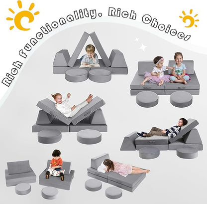 MeMoreCool Modular Kids Play Couch for Toddlers, Floor Foam Explorer Sofa with Building Fort Feature, Sectional Fold Out Block Couch for Playroom, Grey