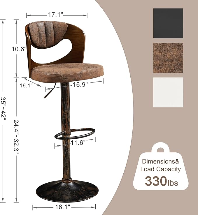 VECELO Bar Stools Set of 2,Kitchen Island Stools with Bentwood Back,Arm&Footrest,Counter Height Stools PU Leather Adjustable Height,Swivel Bar Chairs for Club Pub Dining Room,Dark Brown