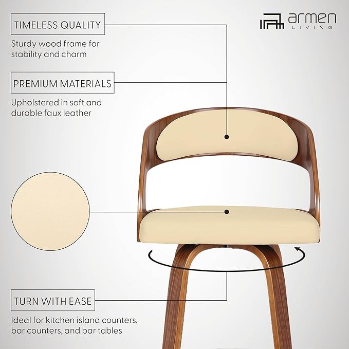 Armen Living Shelly 26" Counter Height Swivel Cream Faux Leather and Walnut Wood Bar Stool - Set of 4