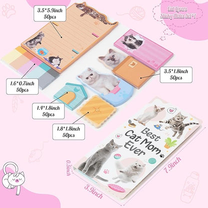 B1ykin Cute Sticky Notes Set - Best Cat Mom Ever Self-Stick Notes Pad, 550 Sheets Writing Memo Pages Sticky Notepad for Teacher Appreciation Gifts, School Office Party Favors Supplies (Cat Lovers)