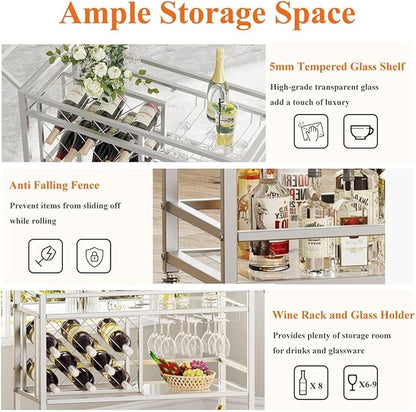 FATORRI Bar Cart Silver, Bar Carts for The Home, Home Bar Serving Carts for Liquor, Rolling Wine Cart with 3 Tier Mirrored Shelves on Wheels for Alcohol and Beverage (Silver)