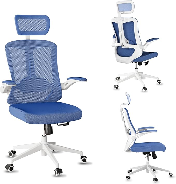 Home Office Chair,Ergonomic Big and Tall Office Desk Chair with Flip-up Arms/Headrest/Adjustable Lumbar Support/Tilt Function/450 lbs Heavy Duty Office Chair-Mesh （Blue）