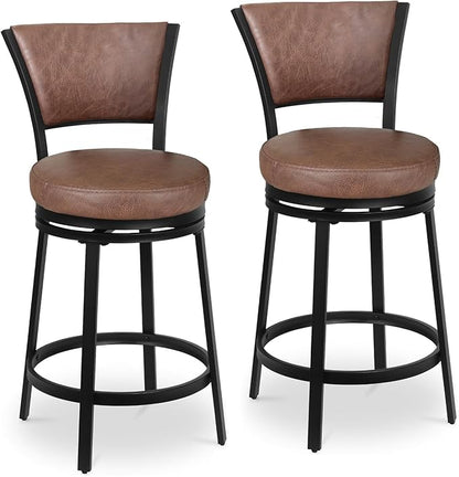 Bar Stools Set of 2, 25 Inch Metal Counter Height Bar Chairs, Modern Faux Leather 360° Round Swivel Barstools with Back, Counter Stools for Kitchen Island, Pub, Brown