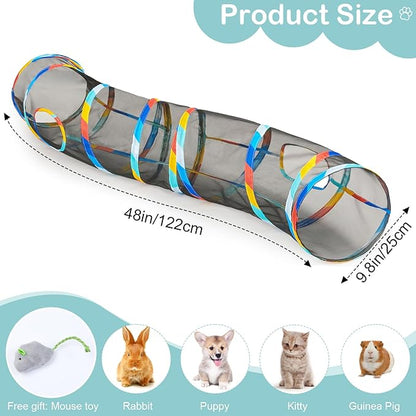 Glittme 48" Mesh Cat Tunnel for Indoor Cats Breathable Pet Play Tunnel with Bonus Mouse Teaser Collapsible Kitten Tube Rainbow Trim 9.8" Dia See-Through Hiding Spot for Large Cats & Rabbits