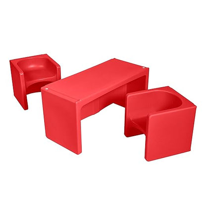ECR4Kids Tri-Me Table and Cube Chair Set, Multipurpose Furniture, Red, 3-Piece