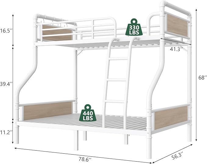 Metal Bunk Bed Twin Over Full, Industrial Bunkbeds Heavy Duty Bed with Safety Guard Rails and Space-Saving Design, Steel Bed for School, Bedroom (White)