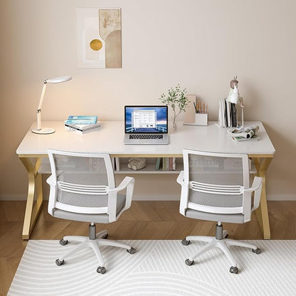 Extra Long Desk with Bookshelf - 63" Double Long Writing Table for 2-Person Workstation, Modern Study Work Computer Desk for Home and Office, Gold