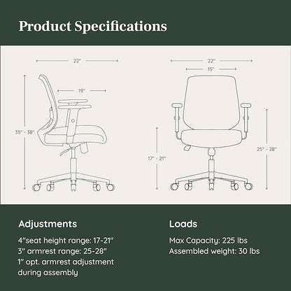 Branch Daily Chair - Computer Office Chair with Swivel, Lumbar Rest, and Adjustable Armrests - Sustainable, Stylish Mesh, & Adjustable Armrests - Comfortable Seating for Improved Posture - Green