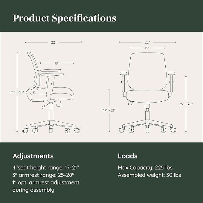 Branch Daily Chair - Computer Office Chair with Swivel, Lumbar Rest, and Adjustable Armrests - Sustainable, Stylish Mesh, & Adjustable Armrests - Comfortable Seating for Improved Posture - Slate