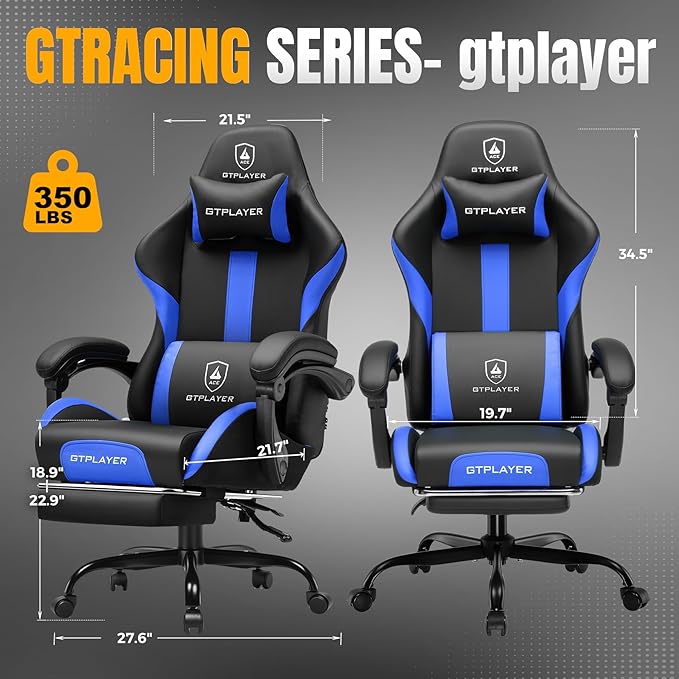 GTRACING Gaming Chair with Foot Rest & Pocket Spring Cushion, Ergonomic High Back Computer Chair with Headrest & 360°-Swivel Seat for Home Office Desk, PU Leather, Blue